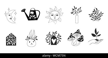 Logo templates in line art and silhouette design with nature elements. Stock Vector