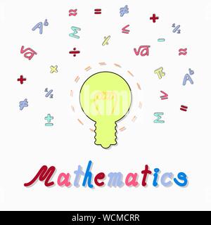 Mathematical symbols floating around above the light bulb. flat design concept. Stock Vector
