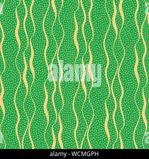 Flowing golden vertical doodle ribbons with dense dot texture. Seamless geometric vector pattern on green background. Great for all Christmas products Stock Vector