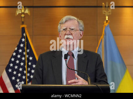 Kiev, Ukraine. 28th Aug, 2019. US National Security Advisor JOHN BOLTON speaks during a press conference in Kiev, Ukraine, 28 August 2019. John Bolton arrived to Ukraine to meet with top Ukrainian officials in Ukrainian capital. Credit: Serg Glovny/ZUMA Wire/Alamy Live News Stock Photo