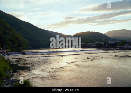 Sunset at Katsura River in Arashiyama,Kyoto Stock Photo