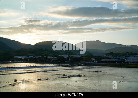 Sunset at Katsura River in Arashiyama,Kyoto Stock Photo