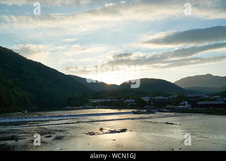 Sunset at Katsura River in Arashiyama,Kyoto Stock Photo