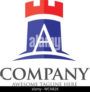 creative initial letter A and castle logo design isolated on white background Stock Vector