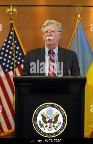 Kiev, Ukraine. 28th Aug, 2019. US National Security Advisor JOHN BOLTON speaks during a press conference in Kiev, Ukraine, 28 August 2019. John Bolton arrived to Ukraine to meet with top Ukrainian officials in Ukrainian capital. Credit: Serg Glovny/ZUMA Wire/Alamy Live News Stock Photo