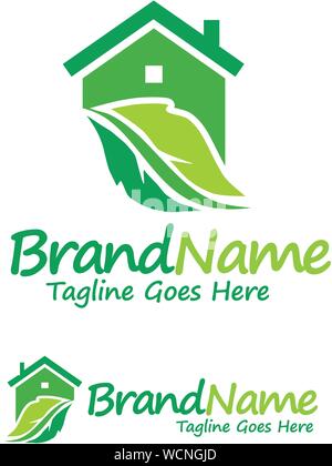 creative house and green leaf logo design concept element Stock Vector
