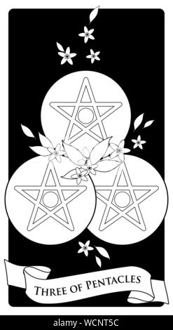 Three of pentacles. Tarot cards. Three golden pentacles surrounded by orange blossom flowers Stock Vector
