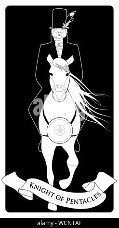 Knight dressed in the old style riding an elegant horse with long mane and golden pentacle in the chest. Outlines. Spanish playing cards coloring. Stock Vector