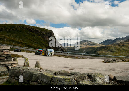 Driving through Jotunheimen National Park, Norway Scandinavia with Kajaks on the roof Stock Photo