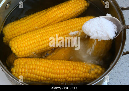 Bright juicy yellow corn, which is boiled in boiling water on the stove close-up. Delicious young sweet sugar corn. Summer healthy vegetables with vit Stock Photo