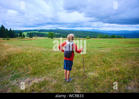 Child boy with hiker backpack and stick traveling alone up path through mountain spruce wood on  summer day. Tourism and active lifestyle concept. Stock Photo