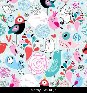 Seamless bright multi-colored pattern of birds in love and flowers on a light background. Design template for wallpaper, fabric or web page. Stock Vector