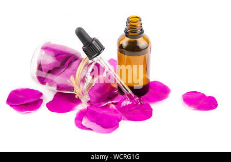 Rose hip( Rosa rugosa, beach rose, Japanese rose) petal oil concept. Brown dropper bottle with scattered dark pink rosehip petals and in clear glass j Stock Photo