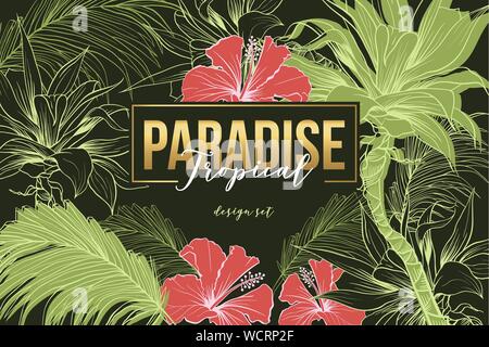 Rest in tropical paradise banner vector template. Exotic resort, tourism agency, summer recreation advertising poster layout. Jungle flora, palm leaves and flowers illustration with lettering Stock Vector