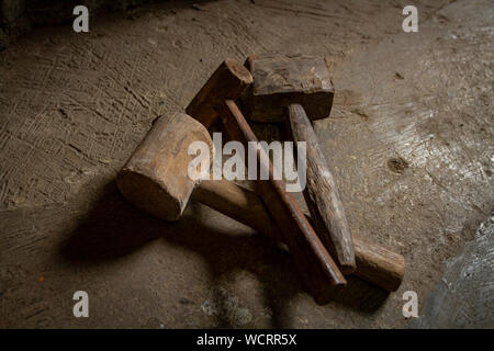 A set of DIY traditional wooden hammers Stock Photo