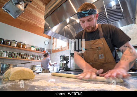 Chef making gnocci at the Minam River Lodge in Oregon's Wallowa Mountains. Stock Photo