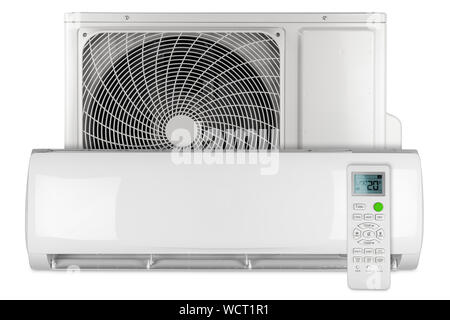 Set of air conditioner ac inverter heat pump mini split system with indoor outdoor unit and remote control isolated on white background Stock Photo