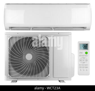 Set collection of air conditioner ac inverter heat pump mini split system with indoor outdoor unit and remote control isolated on white background Stock Photo