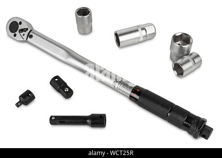 Adjustable torque wrench spanner hand tool and different nuts isolated on white background. industry construction mechanic concept Stock Photo