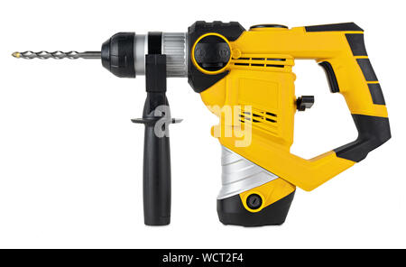 heavy yellow black jack-hammer drilling drill machine hand tool isolated on white background. Construction working industry tools concept Stock Photo