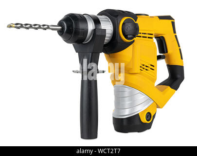 heavy yellow black jack-hammer drilling drill machine hand tool isolated on white background. Construction working industry tools concept Stock Photo
