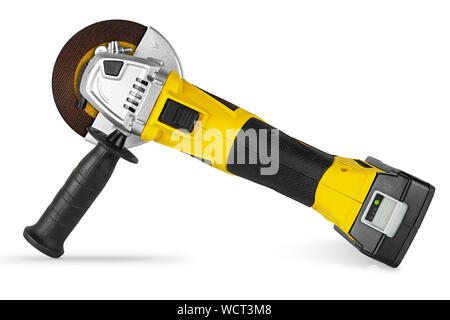 yellow cordless battery pack powered angle grinder electric hand diy construction tool machine isolated on white background Stock Photo