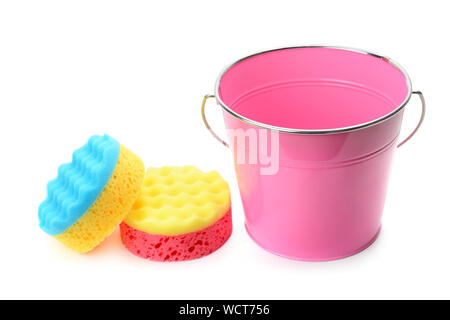 Bucket and foam sponge for cleaning isolated on white background Stock Photo