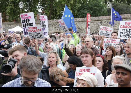 Westminster, London, UK. 28th Aug, 2019. Westminster, London, 28th August 2019.Thousands of outraged protesters gather in College Green, Parliament Square and later outside Downing Street in Westminster for a 'Stop the Coup' protest against the planned prorogation of Parliament in September, which was today ordered by the government, and approved by the Queen at Balmoral. Credit: Imageplotter/Alamy Live News