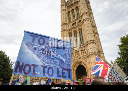 Westminster, London, Westminster, London, 28th August 2019.Thousands of outraged protesters gather in College Green, Parliament Square and later outside Downing Street in Westminster for a 'Stop the Coup' protest against the planned prorogation of Parliament in September, which was today ordered by the government, and approved by the Queen at Balmoral. Credit: Imageplotter/Alamy Live News Stock Photo
