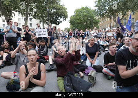 Westminster, London, UK. 28th Aug, 2019. The protesters outside Downing Street. Thousands of outraged protesters gather in College Green, Parliament Square and later outside Downing Street in Westminster for a 'Stop the Coup' protest against the planned prorogation of Parliament in September, which was today ordered by the government, and approved by the Queen at Balmoral. Credit: Imageplotter/Alamy Live News
