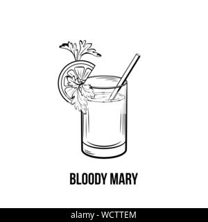 Bloody Mary vector black and white illustration. Strong tomato drink shot with celery and lemon on glass. Alcoholic beverage with straw ink drawing. Restaurant menu, poster design element Stock Vector