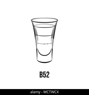 B 52 cocktail vector black and white illustration. Layered shot, beverage with three ingredients. Alcoholic liquor ink drawing. Strong drink in glass. Night club menu, poster design element Stock Vector