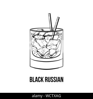 Black russian vector hand drawn illustration. Mixed alcoholic beverage. Cocktail with two straws. Monochrome strong drink with ice ink drawing. Restaurant menu, poster design element Stock Vector