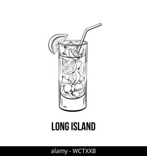 Long island vector hand drawn illustration. Monochrome strong drink with ice and lime ink drawing. Alcoholic lemonade, beverage with lemon slice on glass. Bar menu, poster design element Stock Vector