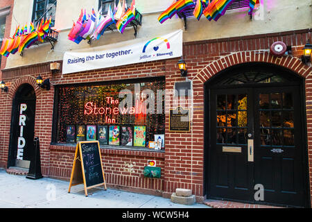 NEW YORK CITY - AUGUST 24, 2019:  Historic Stonewall Inn gay bar in Greenwich Village Lower Manhattan Stock Photo