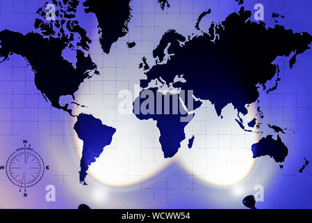 World map with the image of countries and continents on the wall with light. Stock Photo