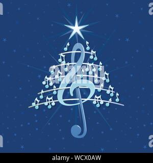 Christmas tree made of white musical notes, treble clef and pentagram on blue background with stars - Vector image Stock Vector