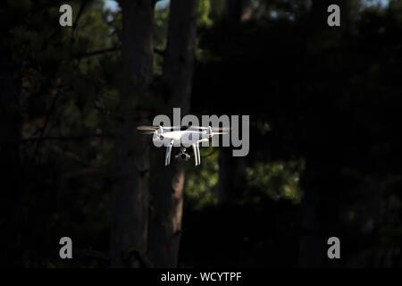drone flying at night in trees with camera Stock Photo