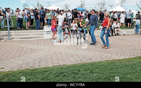 Crowds fill Voinovich Park on the Northcoast Harbor of Cleveland, Ohio during the 2019 Picklefest. Stock Photo