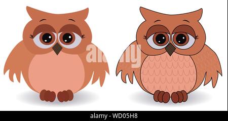 Two sad pink owls with surprised eyes and splayed wings, with a pattern on the sternum and wings Stock Vector