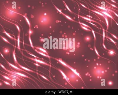 Abstract background in pink tones. Neon intersecting lines, illuminated spheres, stars. Space, planets, star dust Stock Vector