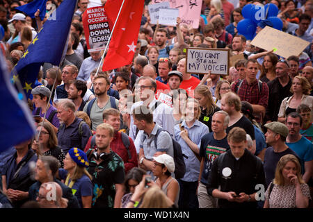 London, UK. 28th Aug, 2019. A spontaneous protest outside Downing St and Parliament Square, London on the news that Prime Minister Johnson intends to 'Prorogue' the Uk parliament at the height of the Brexit crisis Credit: Gareth Morris/Alamy Live News Stock Photo