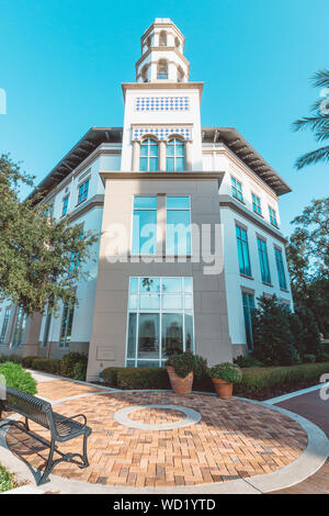 Corner of Maitland City Hall in downtown Maitland Florida. Low angle shot in early morning. Stock Photo