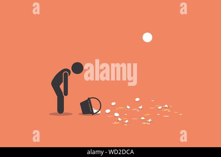 Don't put all your eggs in one basket. Vector artwork showing a man accidentally dropping his basket of eggs on the floor and breaking them. Concept o Stock Vector