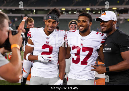 August 22, 2019: New York Giants wide receiver TJ Jones and New York Giants cornerback Julian Love (37) pose for a photo after an NFL football preseason game between the New York Giants and the Cincinnati Bengals at Paul Brown Stadium in Cincinnati, OH. Adam Lacy/CSM Stock Photo