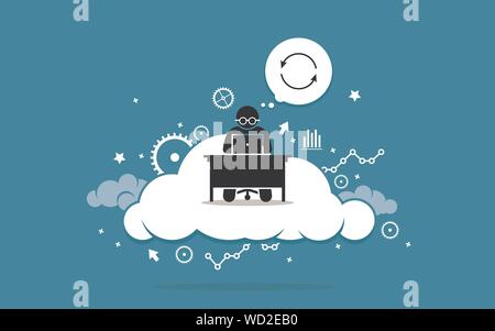 Man working with computer on the cloud. Vector artwork depicts cloud computing, data sync or information synchronization using cloud computing technol Stock Vector