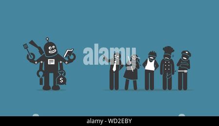 Robot taking over human jobs in the future. Vector artwork depicts a robot working on everything and people are worry about their occupations being re Stock Vector