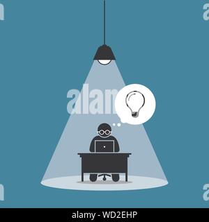 Stick figure man concentrating and focusing on his computer work and thinking of new idea under a spot light. Vector artwork concept depicts focus, wo Stock Vector