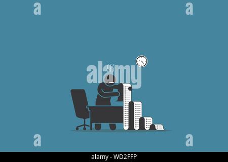 Business person holding a long paper with to do list in the office. Vector artwork concept depicts stress, overwhelmed with work, busy, tasks, and cho Stock Vector