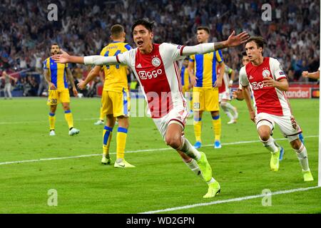 Amsterdam, Netherlands. 28th August, 2019. Edson Alvarez (Ajax) celebrates  after scoring during the second leg of the 2019/20 UEFA Champions League  Final Final Qualifying Round fixture between AFC Ajax (Netherlands) and  Apoel